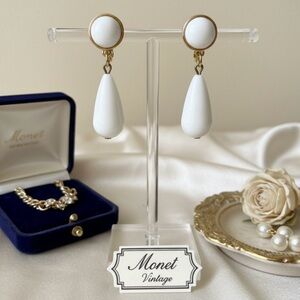 Vintage Monet Milk White Gold Tone Drop Earrings